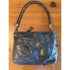 The Sak | Black Leather Shoulder Bag | Woven Handle | Brass Hardware | Good Cond